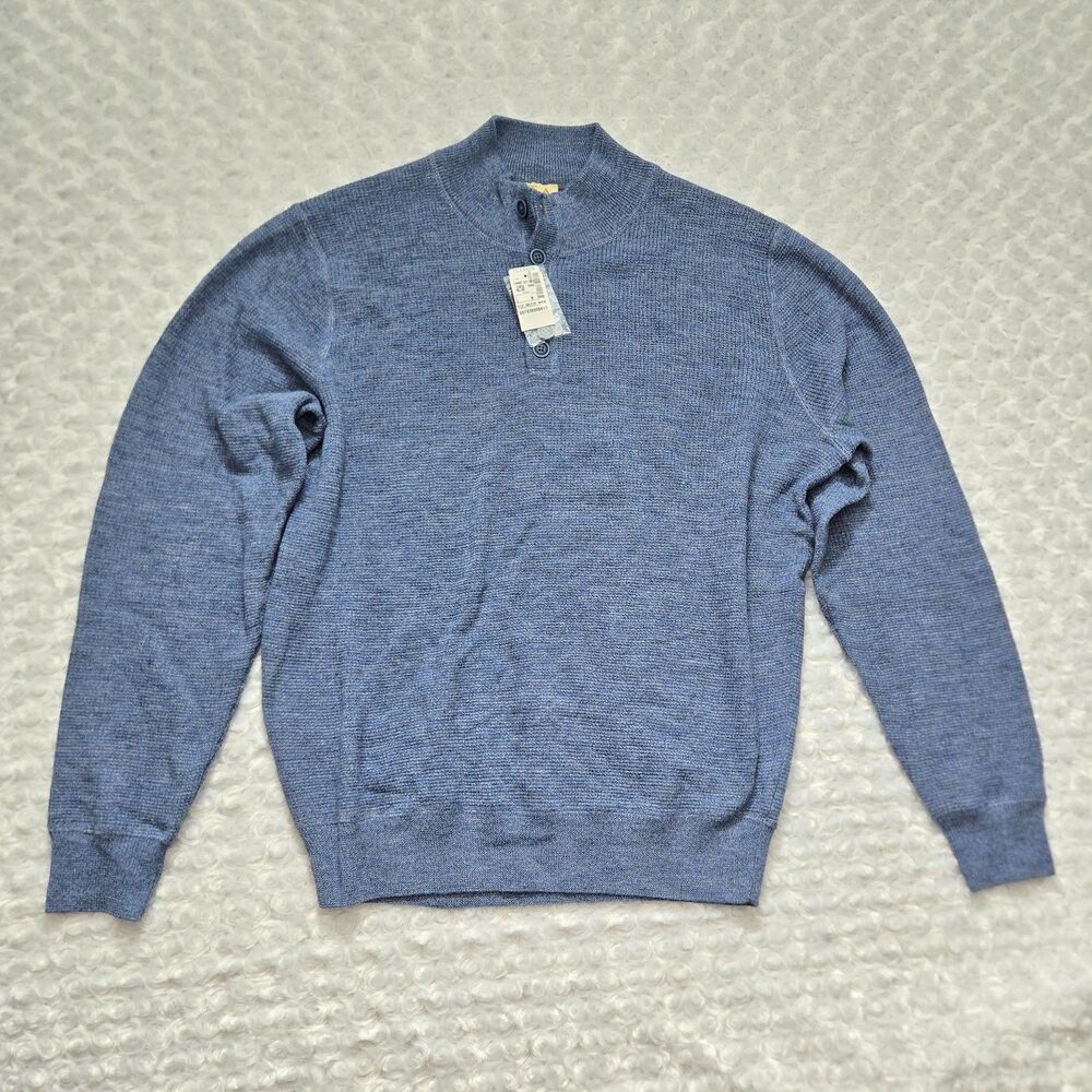 Jos. A. Bank Sweater Vip 4 Bttn Mock Mens M Blue Neck Quarter Button Merino